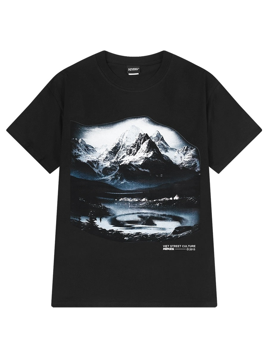 Pure cotton landscape print short-sleeved T-shirt for men and women summer 2024 new heavy loose American style boys half-sleeved top