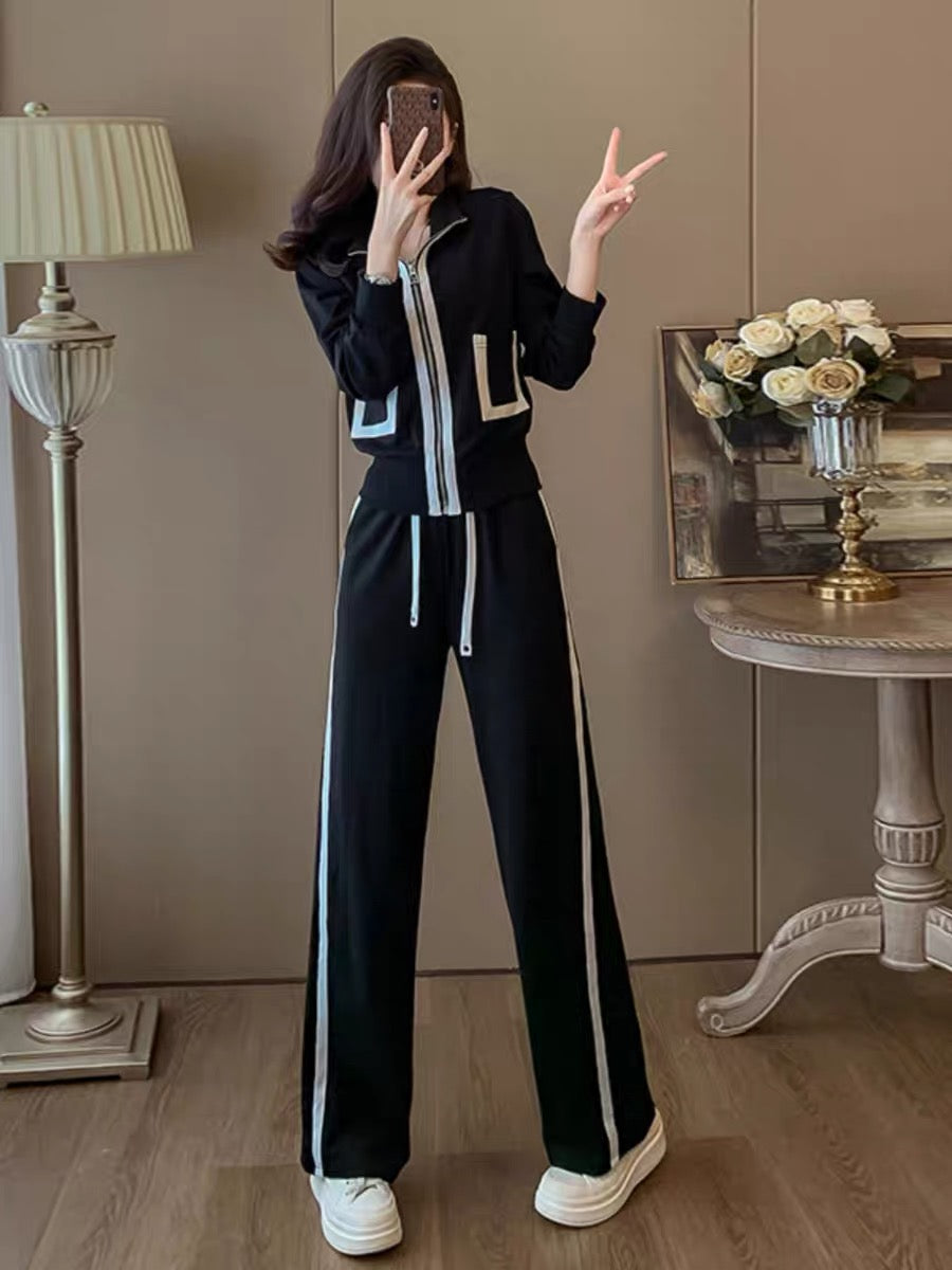 Autumn and winter high-end black sweet and cool striped short jacket slimming straight pants two-piece fashion suit (V6615)