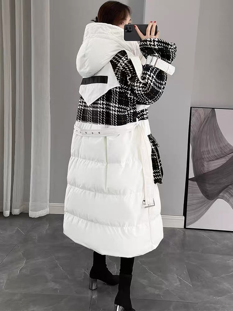 White down jacket for women 2023 new winter women's spliced long over-the-knee white duck down thickened hooded jacket
