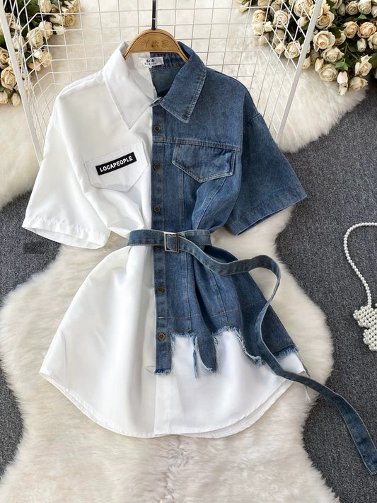 Contrast color lapel waist slimming A-line single-breasted shirt denim dress women's medium-length irregular T-shirt skirt