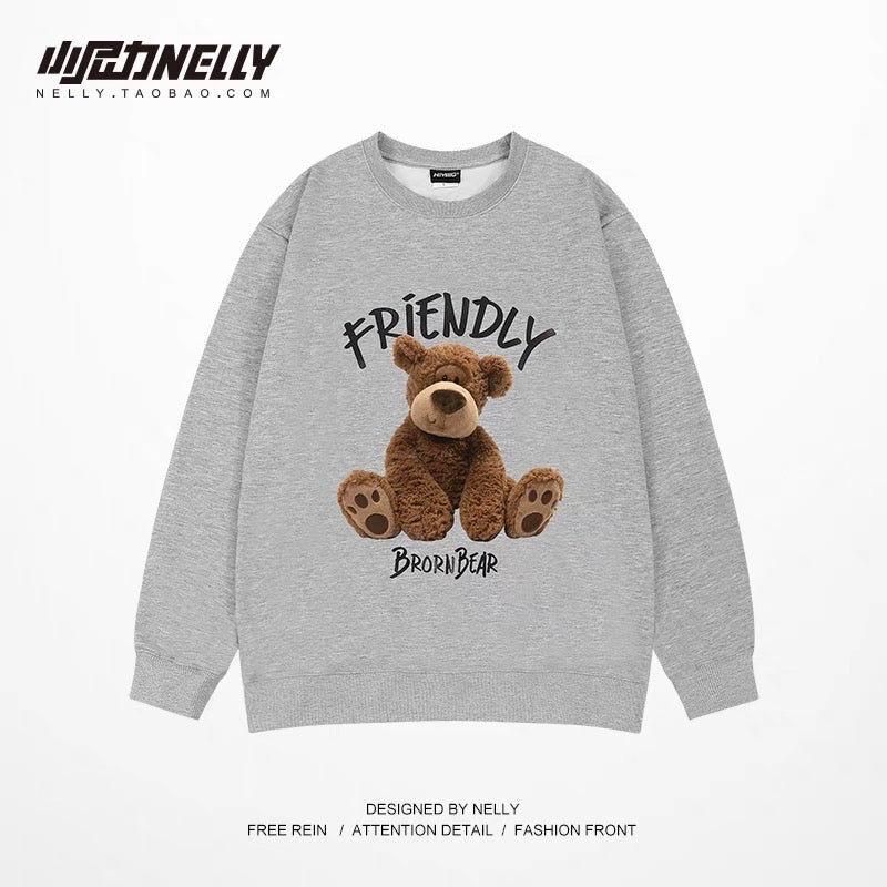 Hong Kong style ins trendy round neck sweatshirt for men bear cartoon print off shoulder pullover spring and autumn heavy long sleeve t-shirt