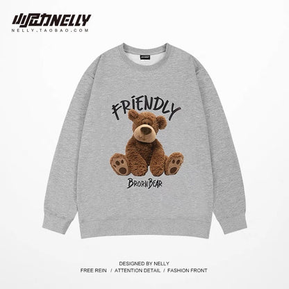 Hong Kong style ins trendy round neck sweatshirt for men bear cartoon print off shoulder pullover spring and autumn heavy long sleeve t-shirt