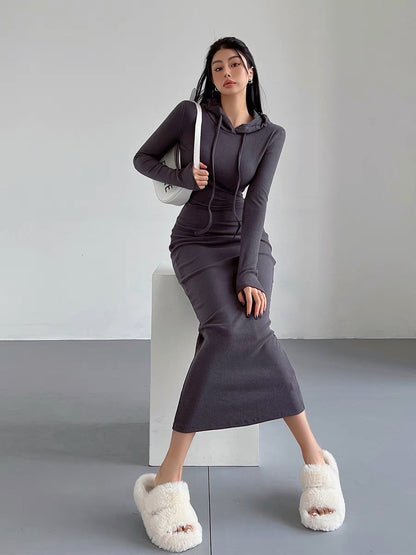 liviahome European and American street hot girl hooded dress women's autumn waist slimming hip-covering knitted skirt long skirt (D216)