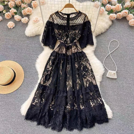 2022 Spring and Summer New Lace Dress Women's Design Niche Loose Waist Temperament Dress Long Skirt