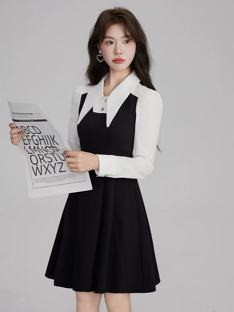 Volstagg French Hepburn style dress women's autumn black and white contrast stitching fake two-piece waist pleated skirt