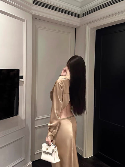 For Fay Golden Muse Temperament Waist Backless Shirt + Low Waist Hip Covering Half-length Skirt Satin Suit for Women
