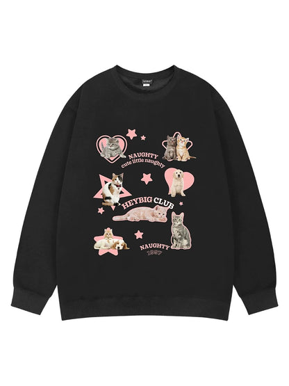 Retro plus velvet winter cat and dog sweatshirts for men and women trendy brand ins round neck couple oversize American jacket