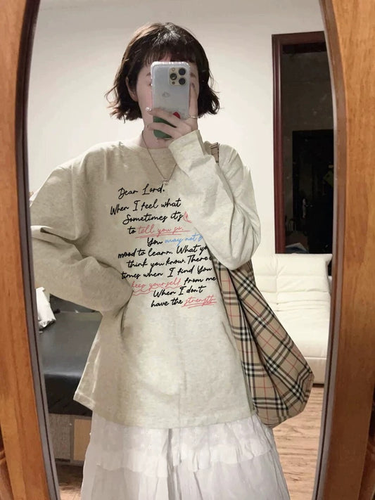 100% cotton American retro Hong Kong style chic straight shoulder long-sleeved T-shirt women's loose lazy niche design top