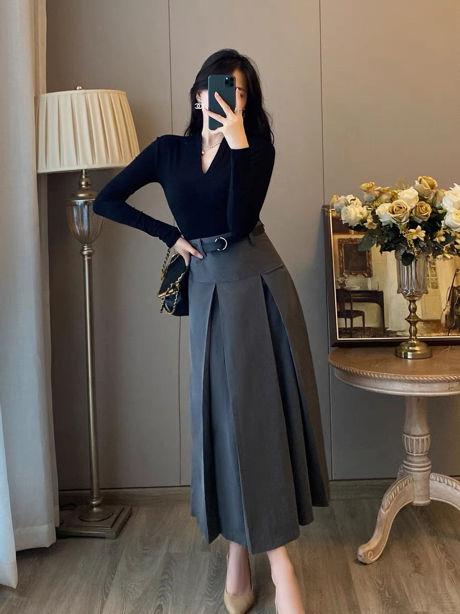 French gray high waist pleated skirt women 2023 autumn new mid
