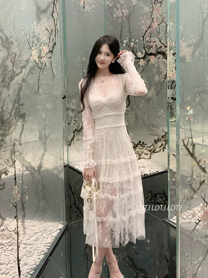 LDTJ Haute Couture 23 Autumn and Winter New Celebrity Banquet Date French Atmosphere Pure Desire Lace Bottoming Fairy Dress for Women