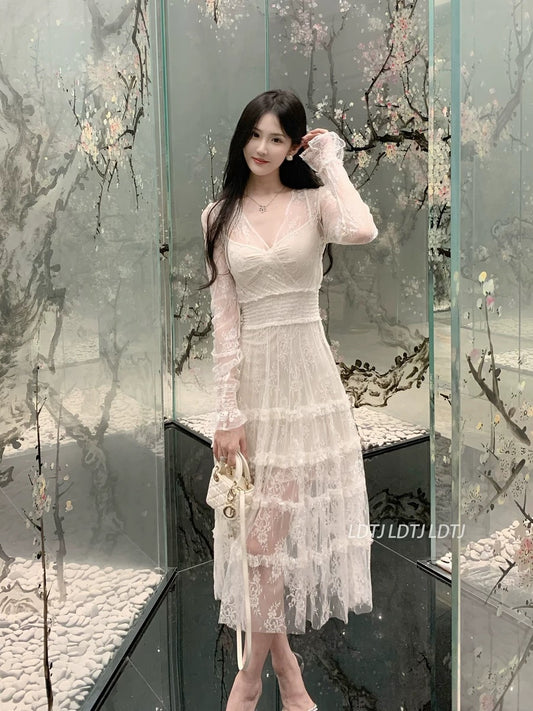 LDTJ Haute Couture 23 Autumn and Winter New Celebrity Banquet Date French Atmosphere Pure Desire Lace Bottoming Fairy Dress for Women