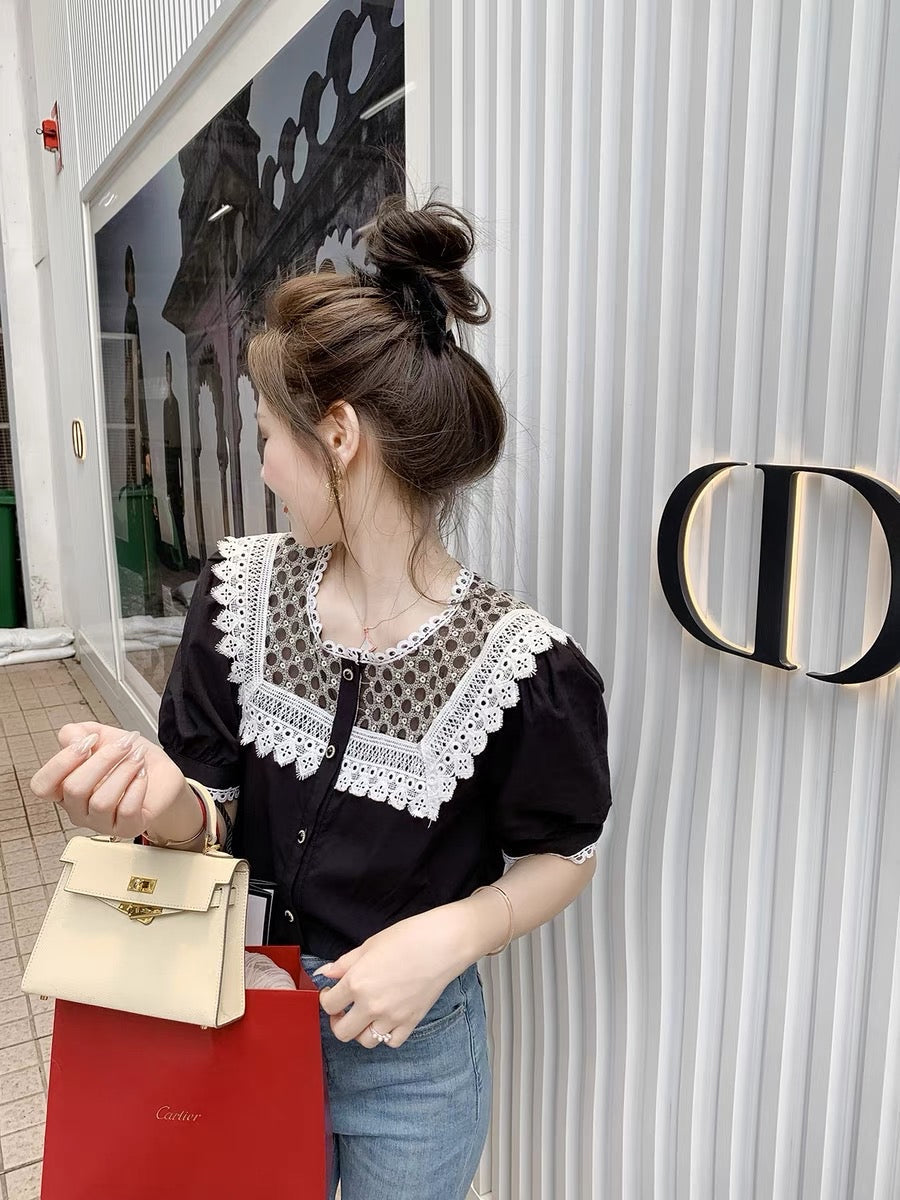 Fish Rabbit Rabbit Lace Chiffon Shirt Women's High-end Temperament Lace Stitching Round Neck Black Puff Sleeve Top