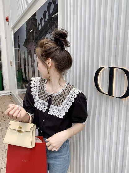 Fish Rabbit Rabbit Lace Chiffon Shirt Women's High-end Temperament Lace Stitching Round Neck Black Puff Sleeve Top