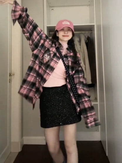 American retro Vibe style long-sleeved plaid shirt for women in spring and autumn, niche design, sweet and cool high-end shirt jacket