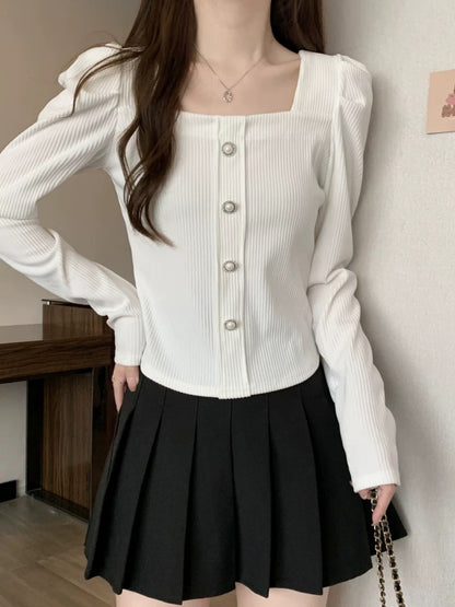 Square collar knitted bottoming shirt for women in autumn, large size fat mm slimming loose loose French style irregular top
