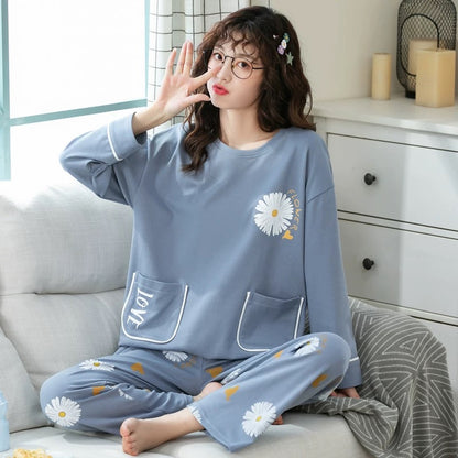 Pajamas for women Spring and Autumn 2024 new long-sleeved cotton large size summer cute autumn and winter home clothes suit