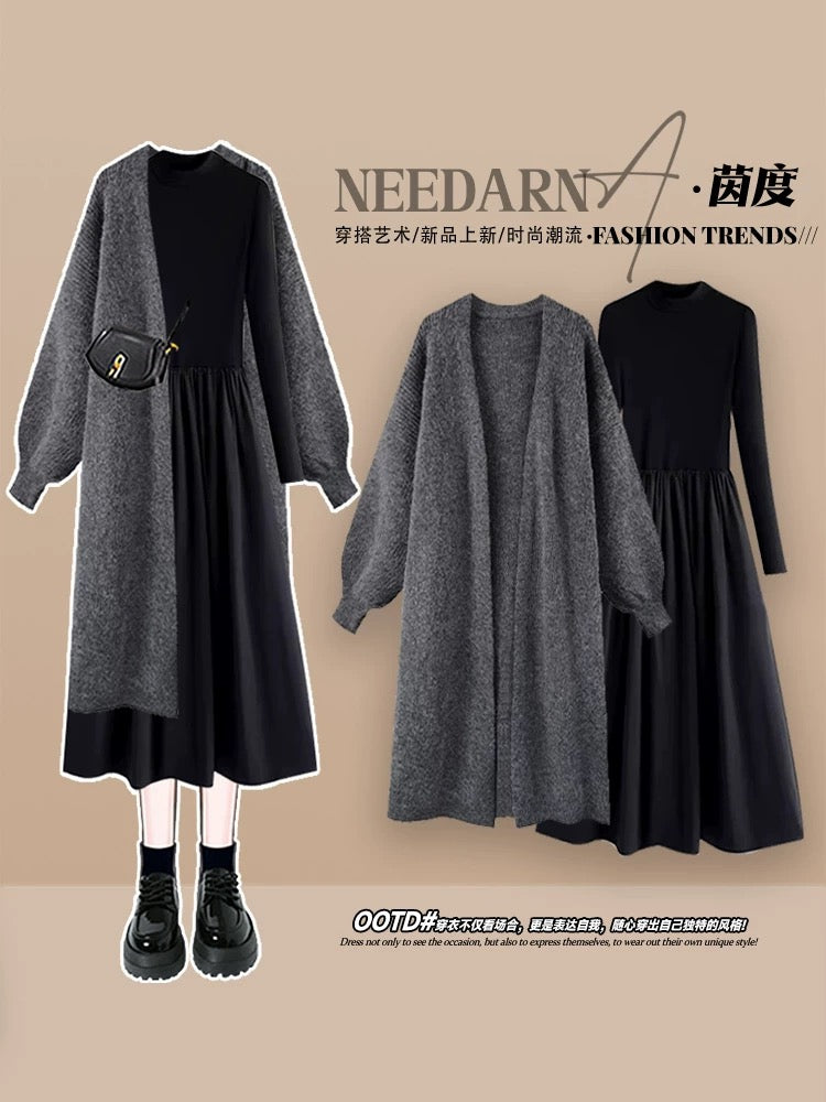 French high-end black dress 2023 new women's autumn and winter Korean style long skirt two-piece set
