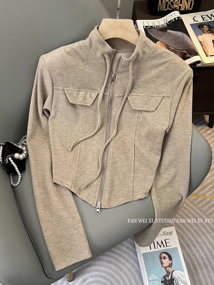 2023 new autumn and winter design versatile lace-up shoulder pads stand-up collar corduroy jacket for women petite short top (B2218)