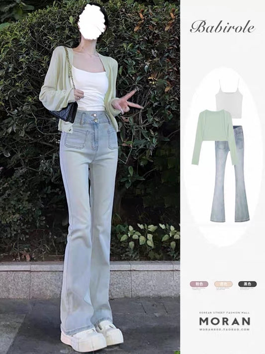Early autumn outfit with a whole set of salt-style fried street hot girls knitted cardigan jeans two-piece suit to look thinner and younger