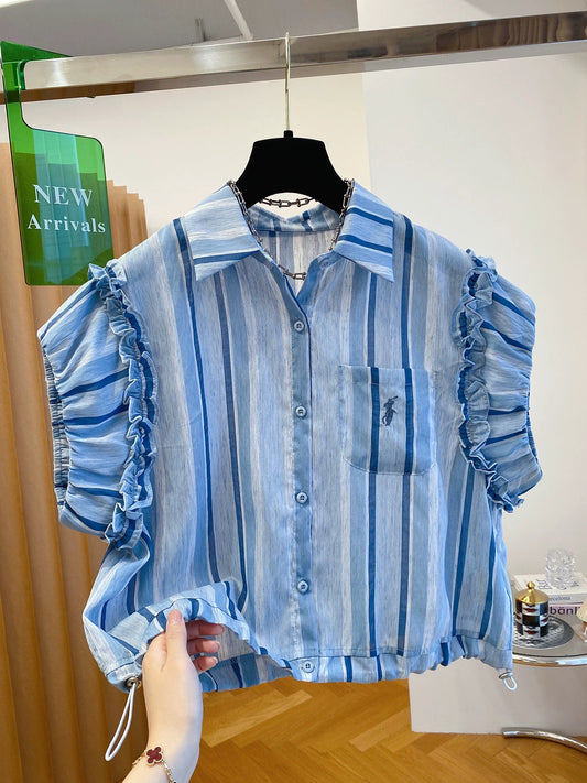Flower bud sleeve blue striped shirt women's short sleeve 2025 new summer loose short wood ear edge bubble sleeve top