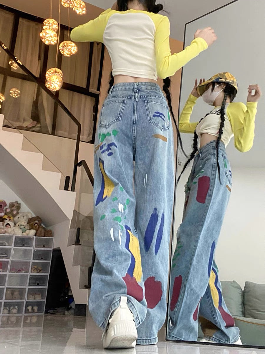 American retro ripped graffiti jeans for women, spring and autumn high-waisted trendy straight-leg versatile wide-leg drapey floor-length pants