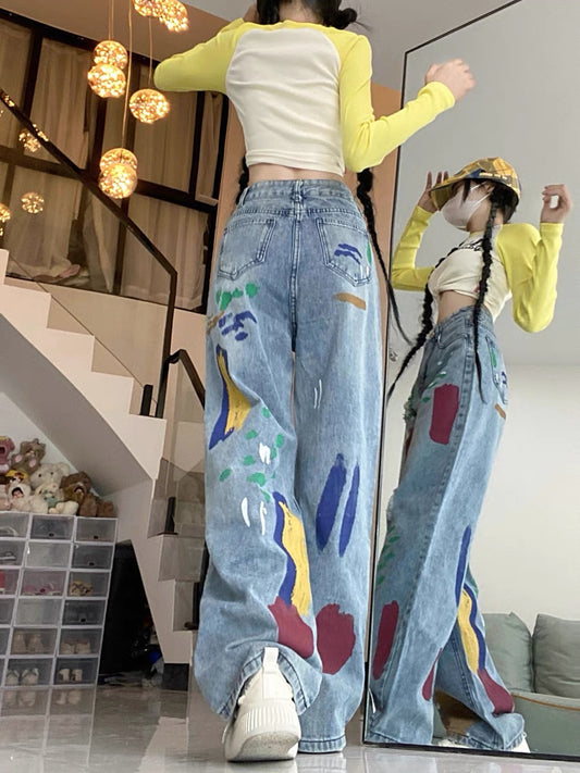 American retro ripped graffiti jeans for women, spring and autumn high-waisted trendy straight-leg versatile wide-leg drapey floor-length pants