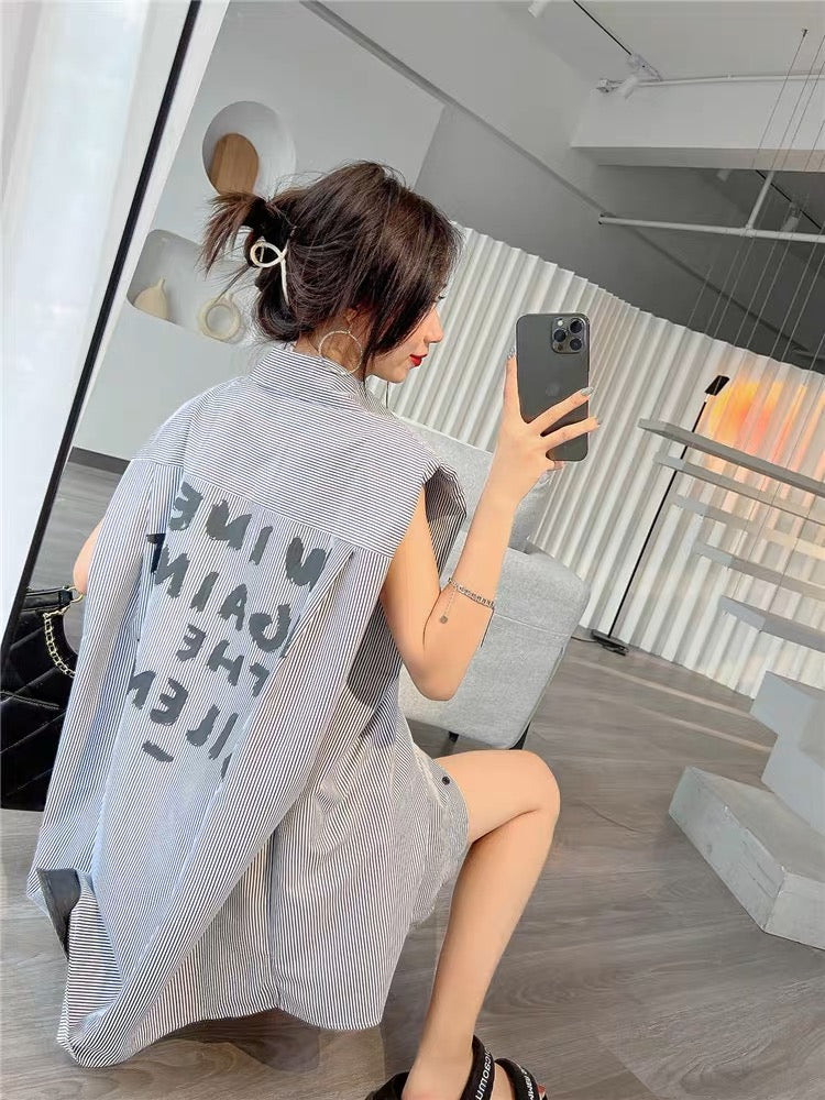 Mrs. fashionable sleeveless shirt and shorts two-piece set for women summer wear 2023 new loose casual Internet celebrity suit trend (S026)