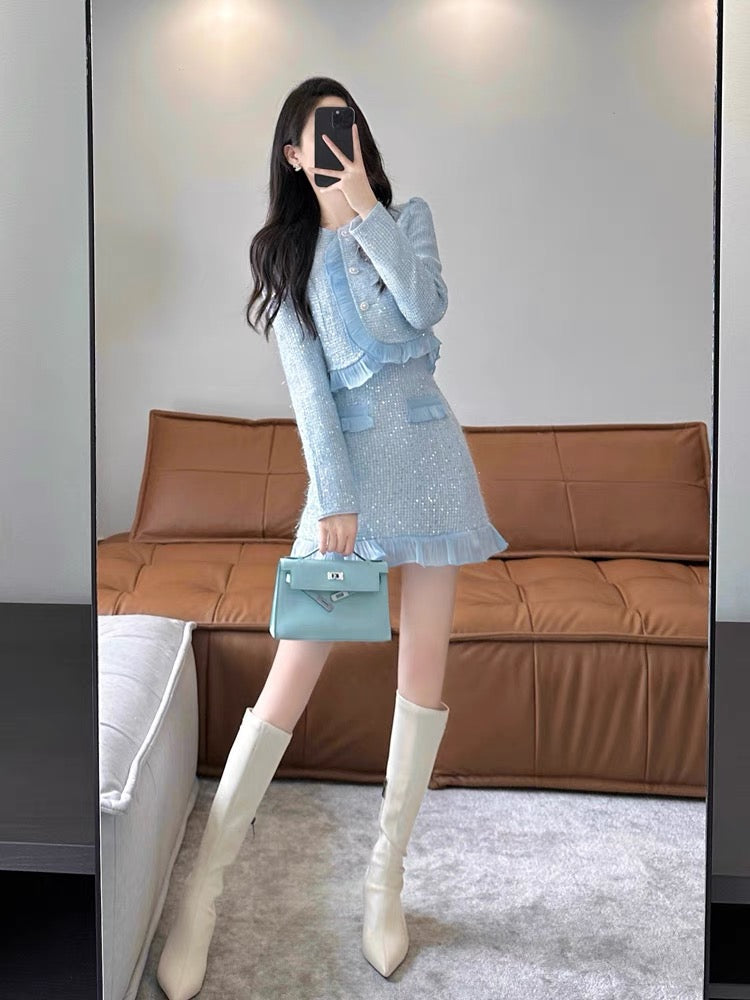 Xiaoxiangfeng suit 2023 new hot style autumn and winter high-end temperament celebrity salt series light mature hip skirt two-piece set (S5551)
