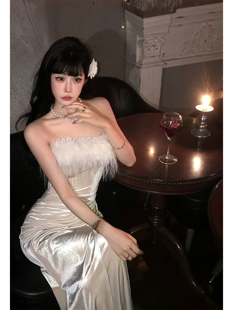 Aunt Barbie's annual party velvet tube top dress women's autumn and winter exquisite birthday dress furry long skirt New Year's shirt