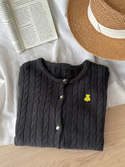 Women's Japanese/Korean-style retro cable-knit cardigan; soft, cozy, and versatile with a round neck and cute bear embroidery—perfect for autumn.