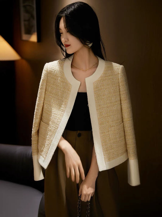 [WTF662636AG] Xiaohan Lemon Tea French Round Neck Tweed Wool Short Fragrance Jacket