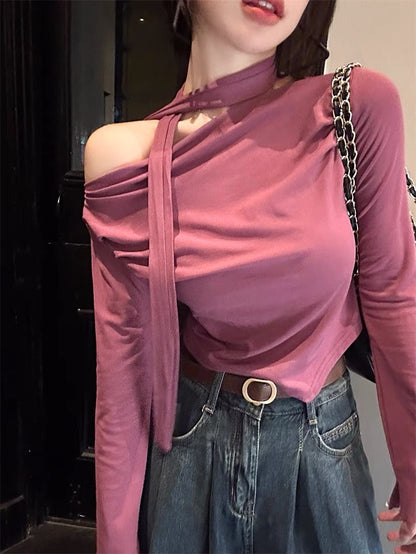 Sweet hot girl sexy one-word off-shoulder short bottoming shirt women's top design chic ribbon long-sleeved t-shirt early autumn