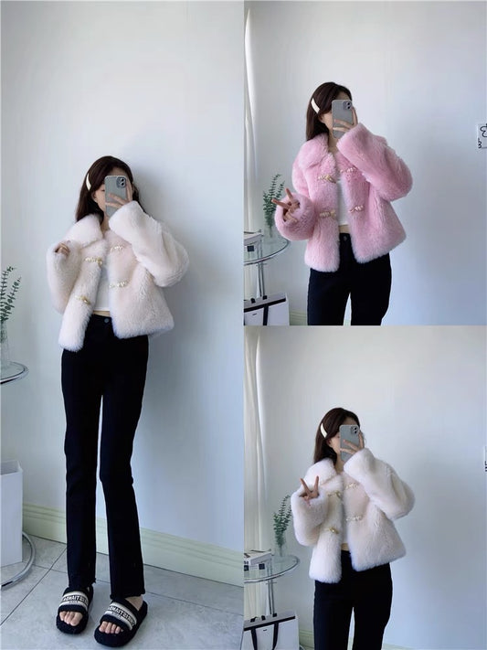 Autumn and winter new square collar pure wool short jacket warm sheep sheared gentle composite fur integrated Haining temperament T3468