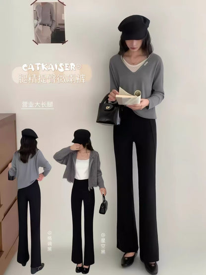 CatKaiser Women's Retro Slim-Fit Black Flared Trousers – Leg-Lengthening & Butt-Lifting Design (New Autumn Collection)