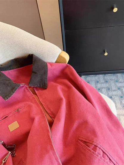 Japanese retro contrast color lapel tooling jacket jacket for men and women spring and autumn fashion design sense loose casual baseball uniform