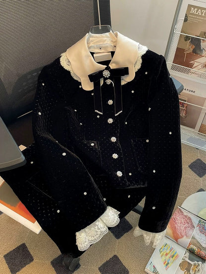 2023 new autumn style temperament diamond velvet short jacket women's skirt lace splicing small fragrance two-piece suit