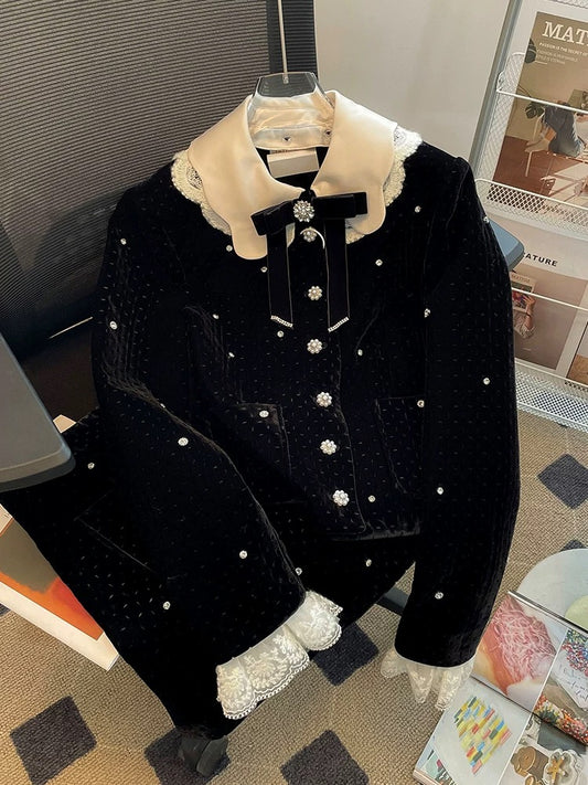 2023 new autumn style temperament diamond velvet short jacket women's skirt lace splicing small fragrance two-piece suit