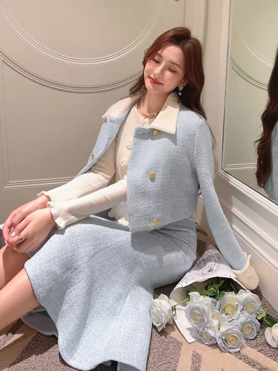 Zhang Xinzi [South Korea's daughter] 90 white duck down woolen suit skirt autumn and winter new style two-piece set