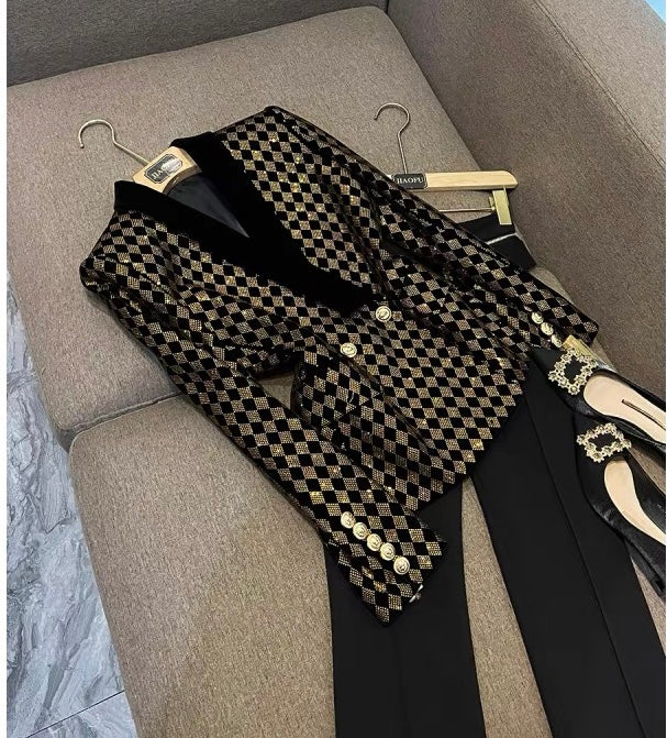 2023 European and American celebrity fashion women's jacket heavy industry rhombus hot diamond green fruit collar velvet suit jacket 7918 regular (B7911)
