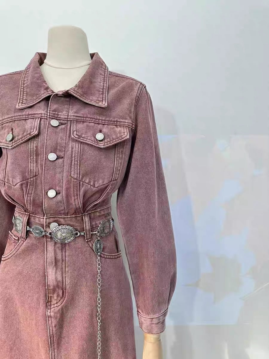 Miss Sheep 2023 New New Retro Hong Kong Style Colorful Denim Long Sleeve Polo High Waisted Waist Slim Dress Long Dress