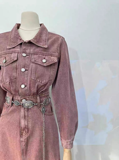 Miss Sheep 2023 New New Retro Hong Kong Style Colorful Denim Long Sleeve Polo High Waisted Waist Slim Dress Long Dress