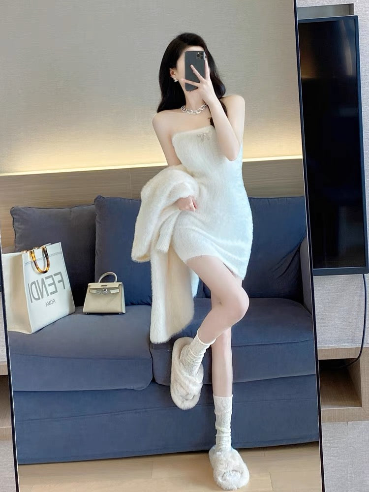 White knitted suit for women winter 2023 spring and autumn new Korean style elegant lady pure lust style tube top skirt two-piece set (D5559)
