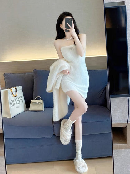 White knitted suit for women winter 2023 spring and autumn new Korean style elegant lady pure lust style tube top skirt two-piece set (D5559)
