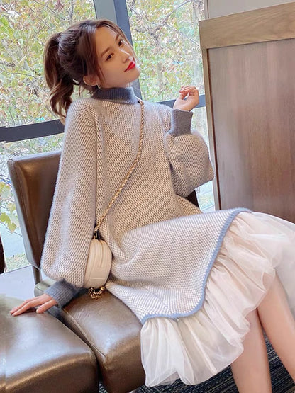 2023 autumn and winter new style spliced knitted dress for women, versatile slimming half turtleneck with coat and sweater skirt (B1412)