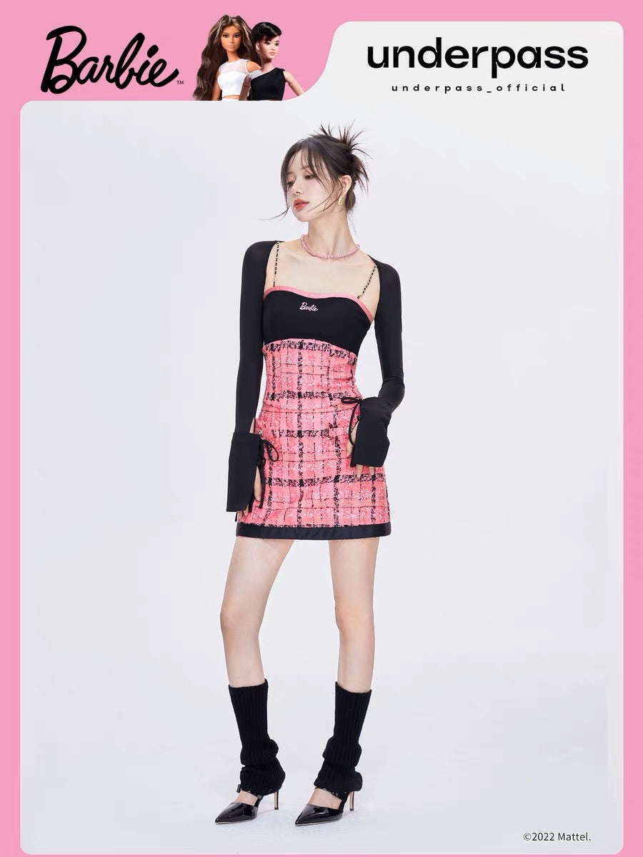 UnderpassX Barbie Barbie co-branded pink plaid small fragrant style suspender waist two-piece a-line dress