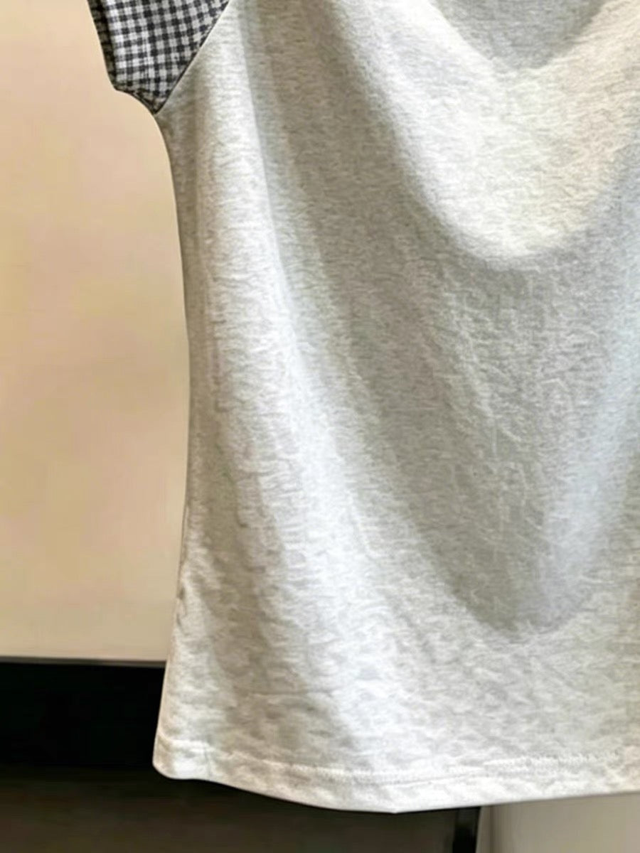 Shenzhen Nanyou Brand Women's Clothing ~ Round Neck Color Block Plaid Short Sleeve T-Shirt Summer Casual Style Slimming Design Top