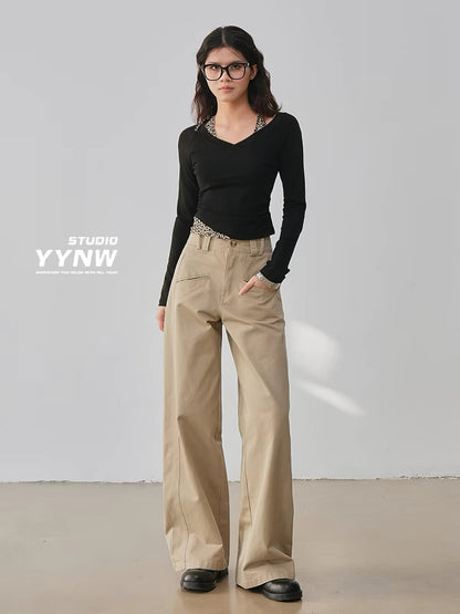 Women's 2026 New High-Waisted Slimming Casual Trousers – Pure Cotton Khaki, Straight-Leg Wide-Cut Utility Style (Petite-Friendly)