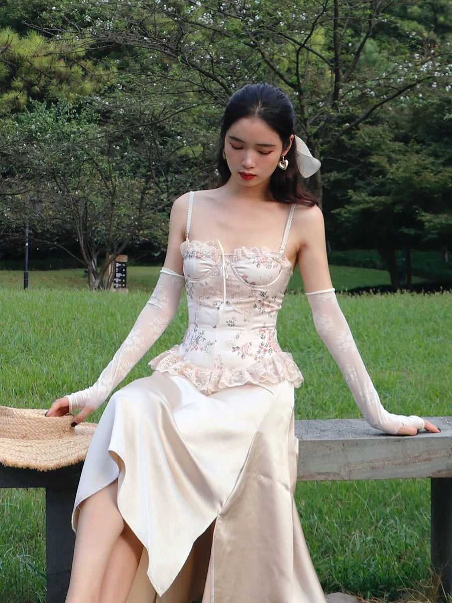 sorozien Shaozi [Retro Flower Bra] Original Satin Fishbone Camisole Lace Bottoming Top for Women