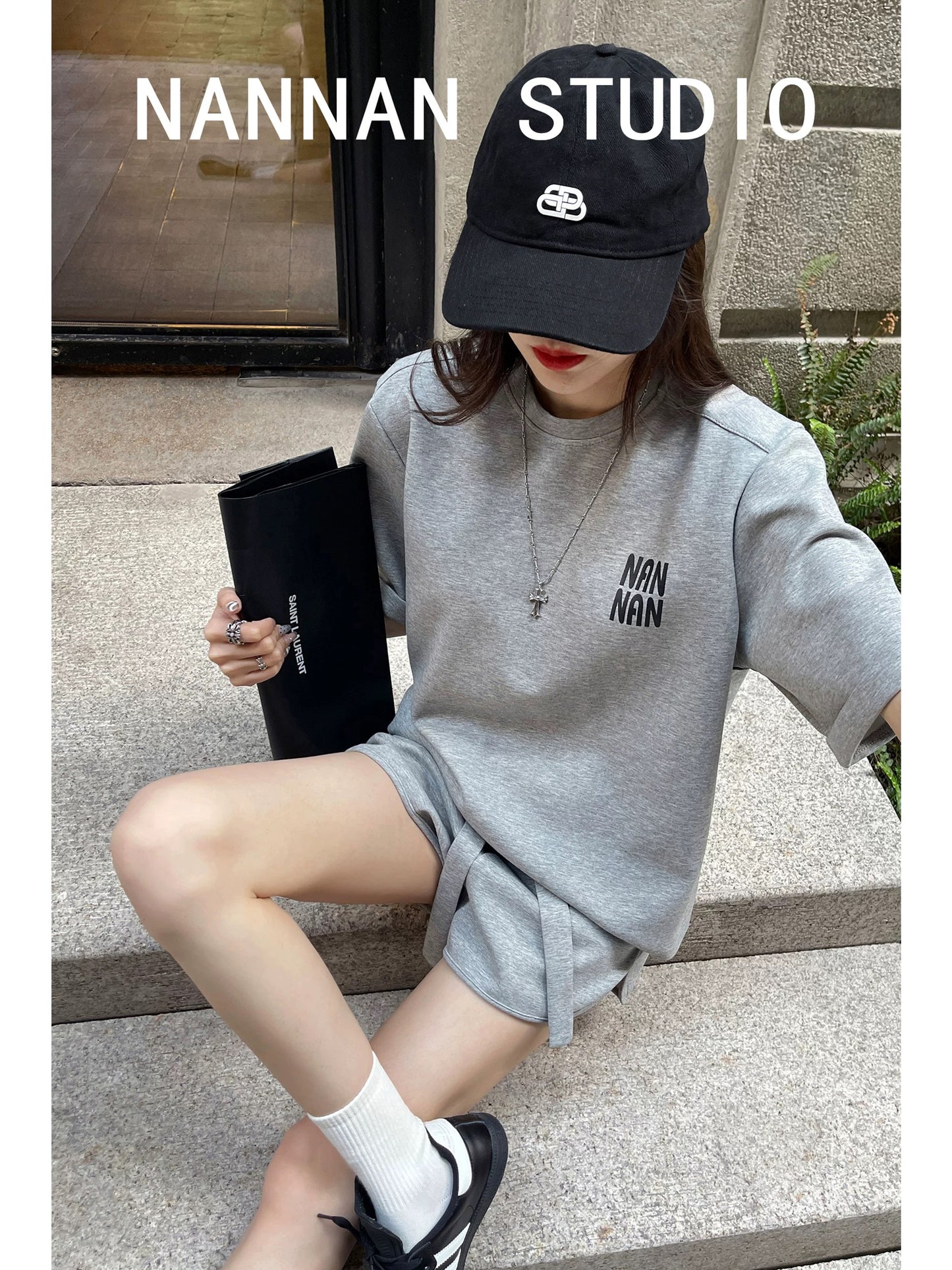 Comfortable! Summer street shooting casual sports short-sleeved T-shirt tops loose lazy wide-leg shorts two-piece set