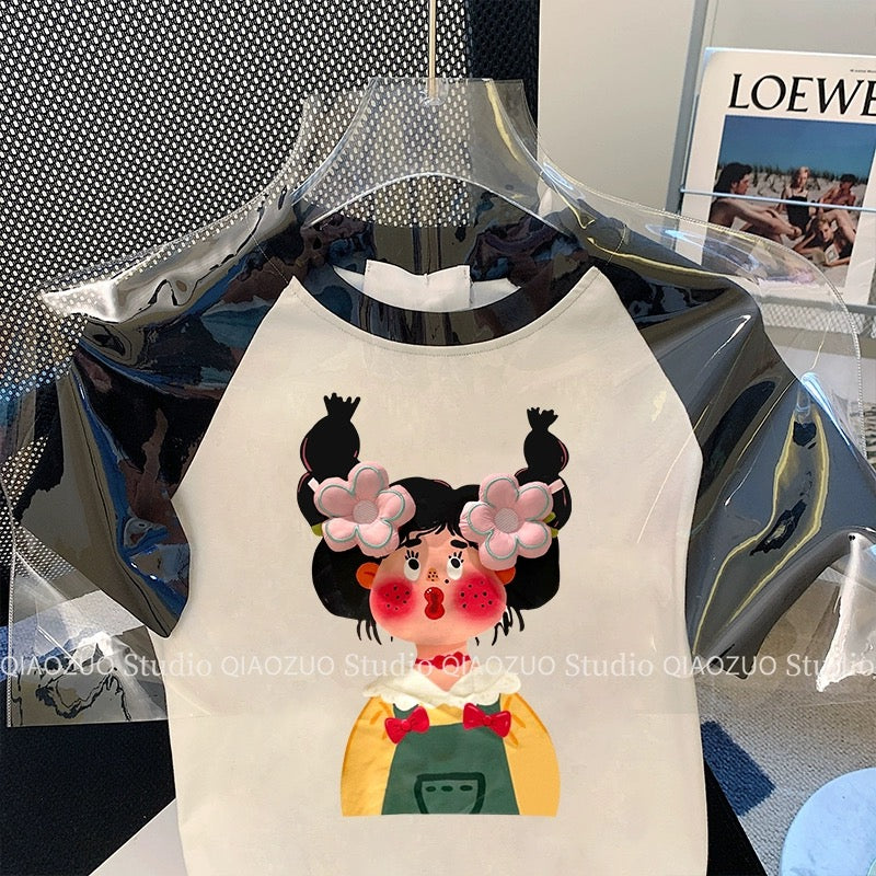 Fun girl's raglan short-sleeved T-shirt for women in summer, unique and chic design, niche and fashionable, age-reducing straight shoulder top